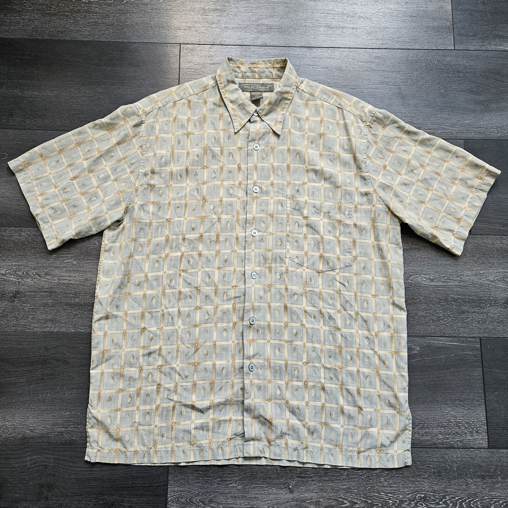 Tori Richard Hawaiian Shirt 100% Silk Mens Large Button Up Beige Blue Leaf
